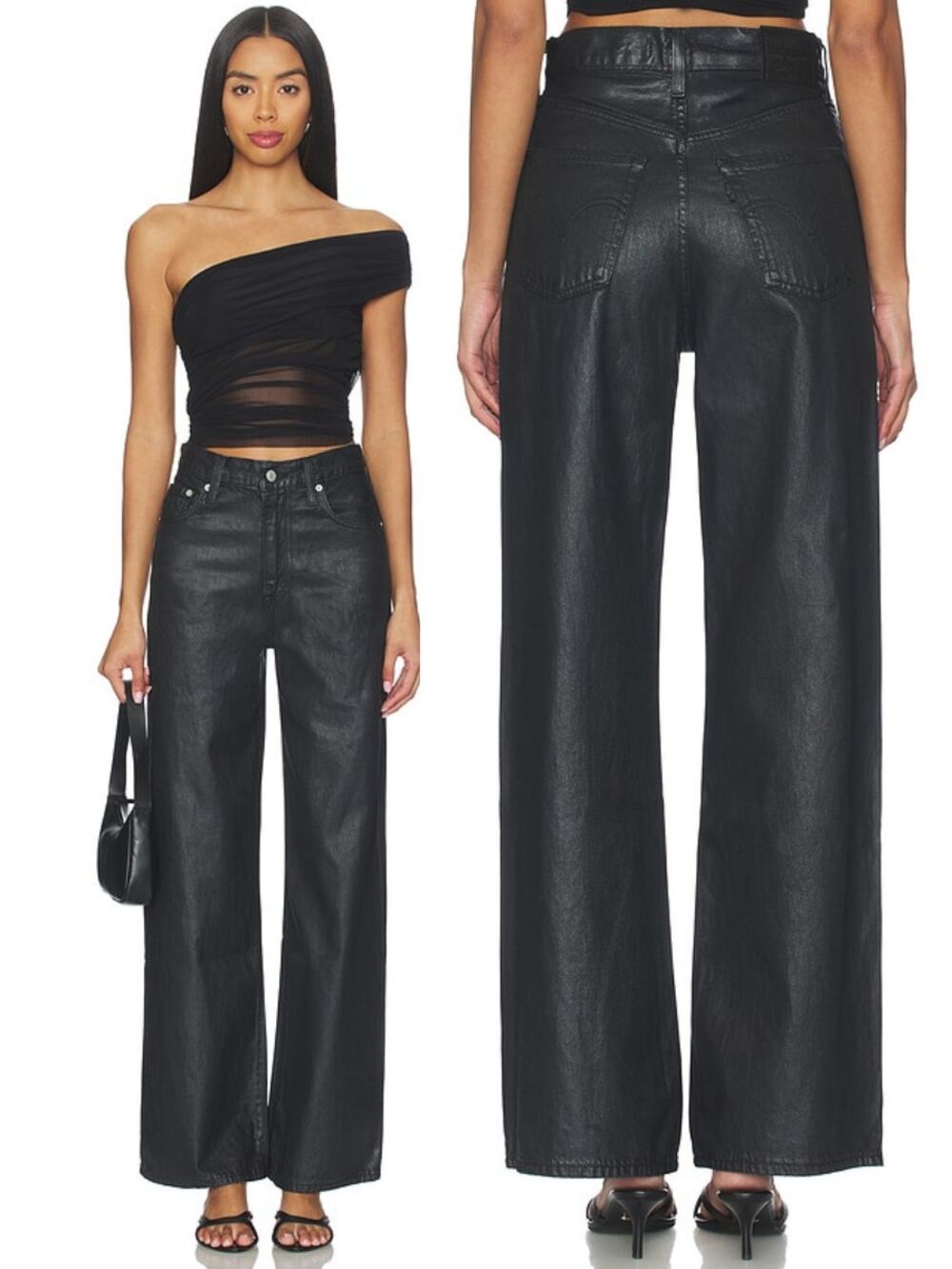 NWT LEVI'S Premium Ribcage Wide Leg Coated Jeans Size 25 Prize Fighter Black
